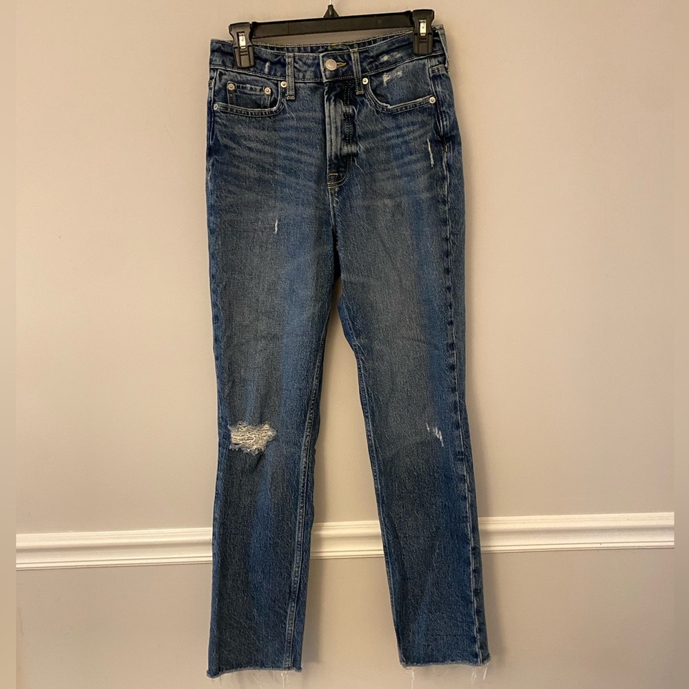 Free Assembly distress denim straight leg jeans raw hem. 0